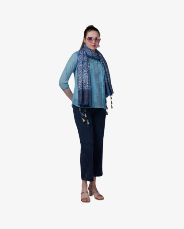 Geometric Print Indigo Chanderi Dupatta With Zari Tassles - Image 3