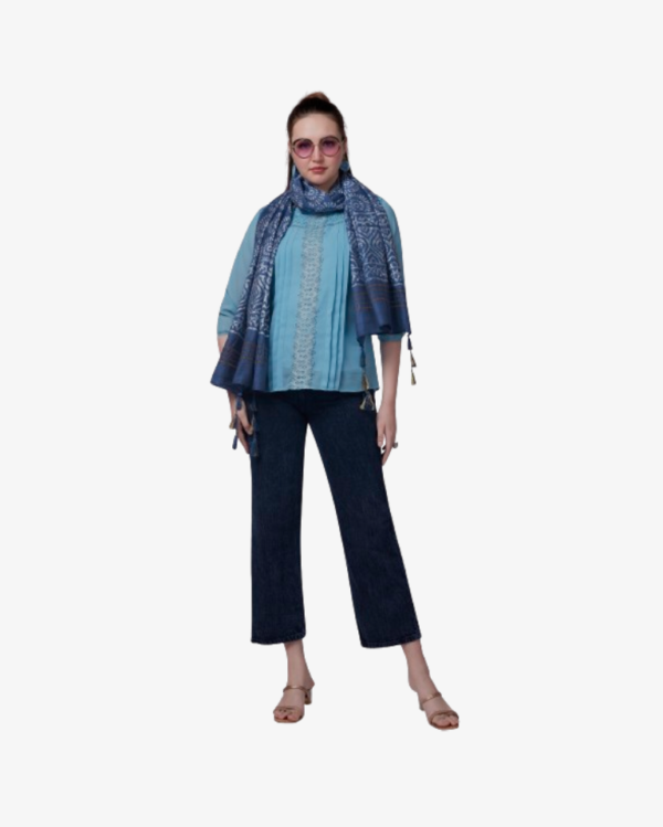 Geometric Print Indigo Chanderi Dupatta With Zari Tassles - Image 4