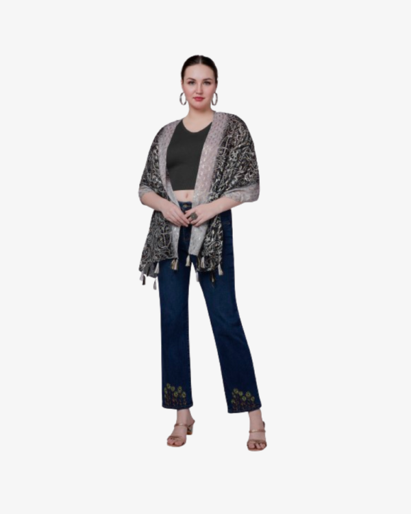 Poly Mix Paisley Foil Print Scarf With Fancy Embellishment