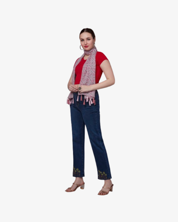 Poly Floral Print Soft Pink Scarf With Fancy Embellishments - Image 4