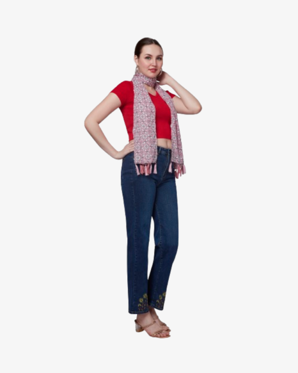 Poly Floral Print Soft Pink Scarf With Fancy Embellishments - Image 3