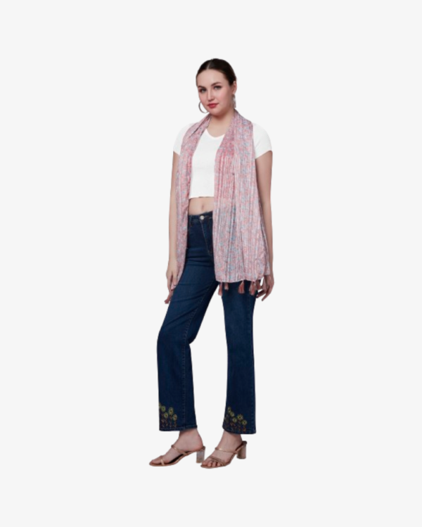 Poly Lurex Floral Print Stole With Tassels - Image 4