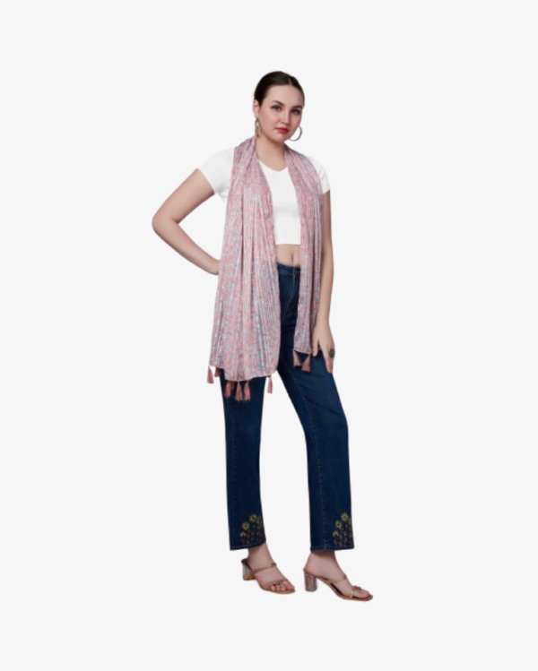 Poly Lurex Floral Print Stole With Tassels - Image 3