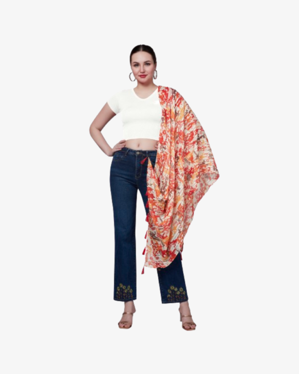 Poly Lurex Geometric Print Orange Stole With Fancy Tassels