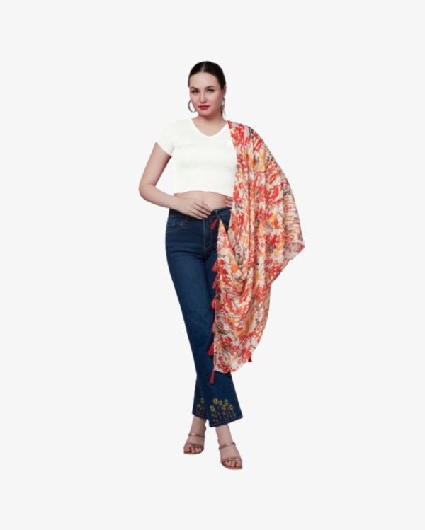 Poly Lurex Geometric Print Orange Stole With Fancy Tassels - Image 2