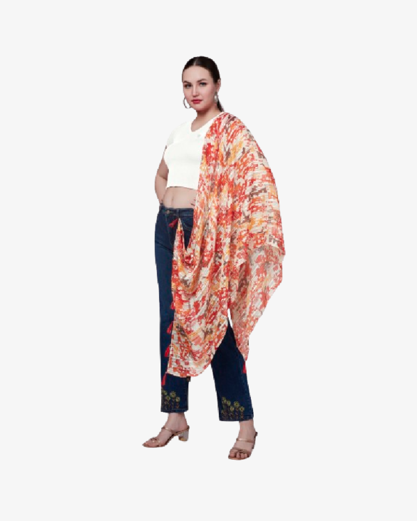 Poly Lurex Geometric Print Orange Stole With Fancy Tassels - Image 4
