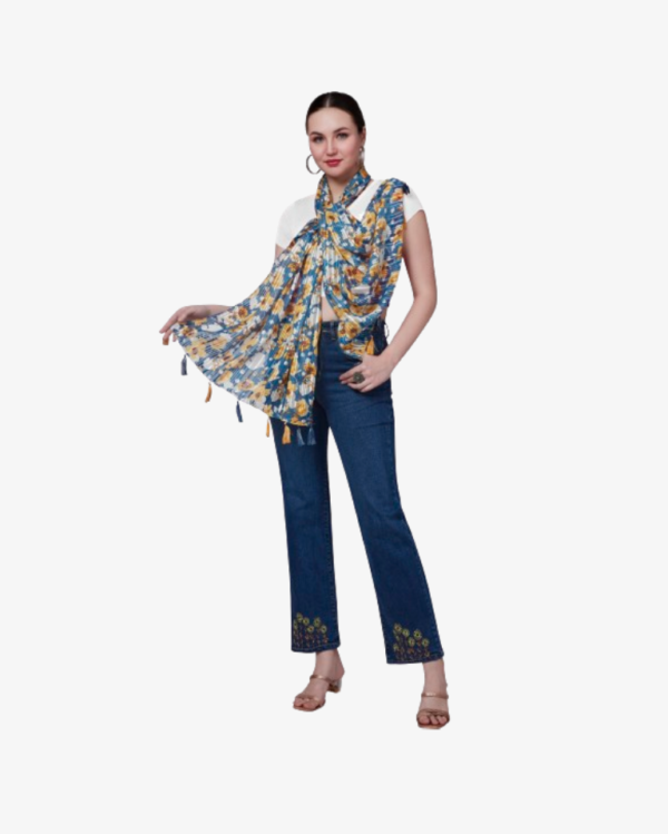 Poly Lurex Tropical Print Blue Stole With Fancy Tassels