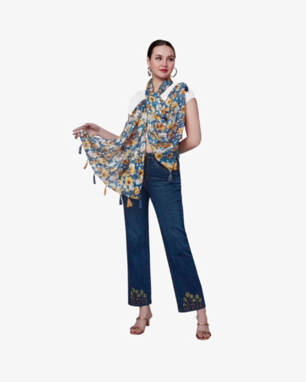 Poly Lurex Tropical Print Blue Stole With Fancy Tassels - Image 3