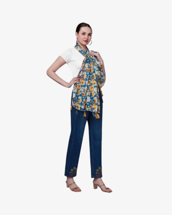 Poly Lurex Tropical Print Blue Stole With Fancy Tassels - Image 2