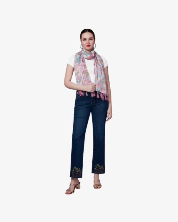 Poly Lurex Fancy Floral Print Stole With Tassels - Image 4