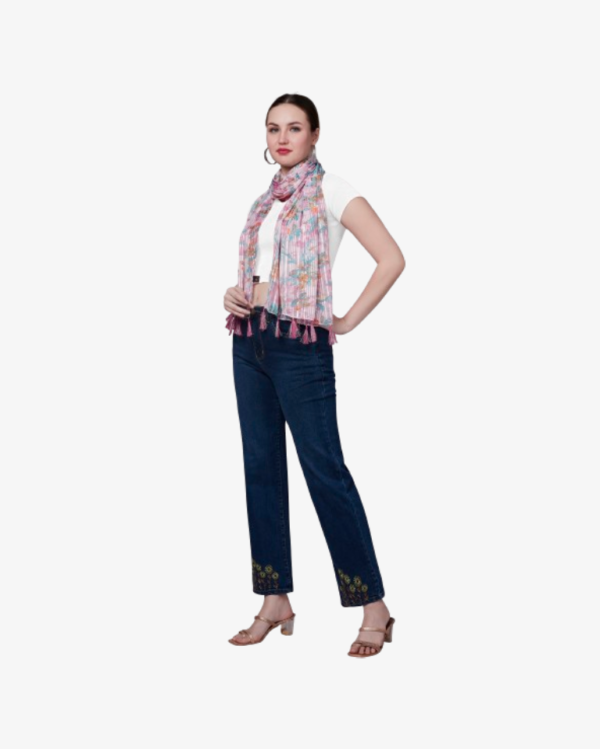Poly Lurex Fancy Floral Print Stole With Tassels - Image 2