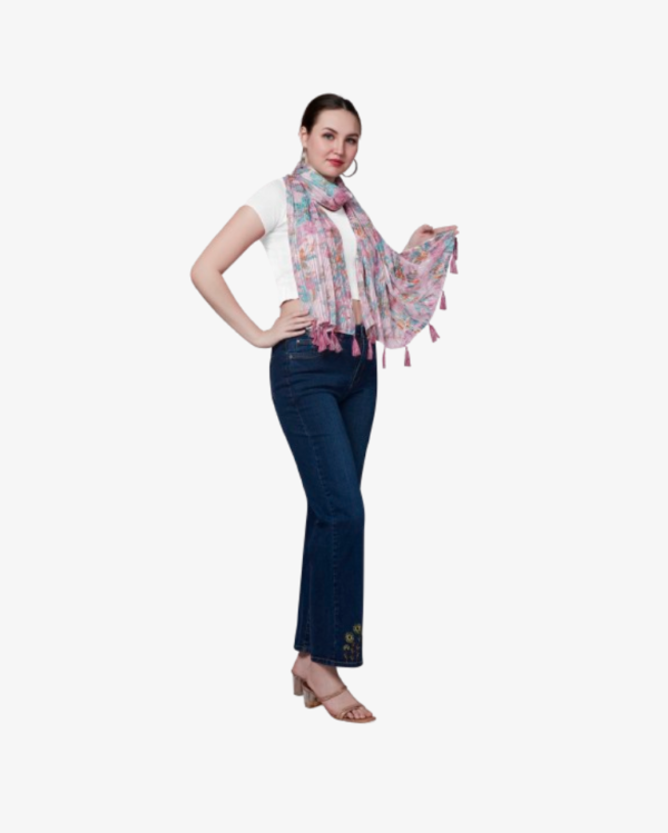 Poly Lurex Fancy Floral Print Stole With Tassels - Image 3